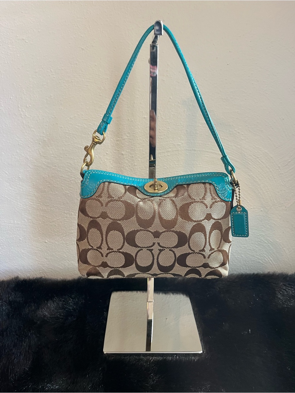 Coach Signature Canvas & Turquoise Leather Mini Shoulder Bag Turnlock